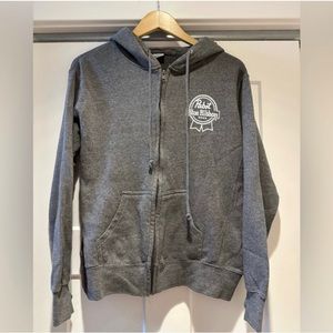 Pabst Blue Ribbon Full Zip Grey Hooded Sweatshirt Size Large